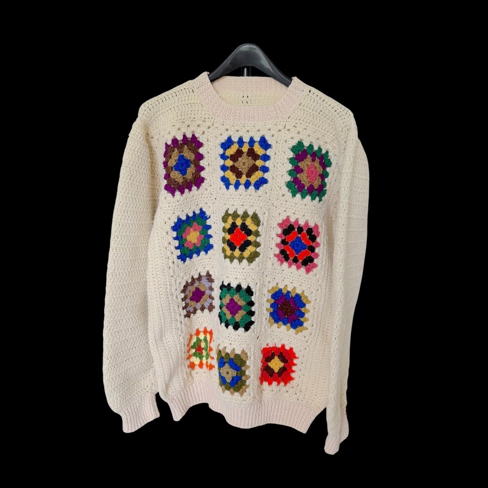 Handmade Crochet Granny Square‎ Sweater Cream Unisex Boho Knit Pullover
